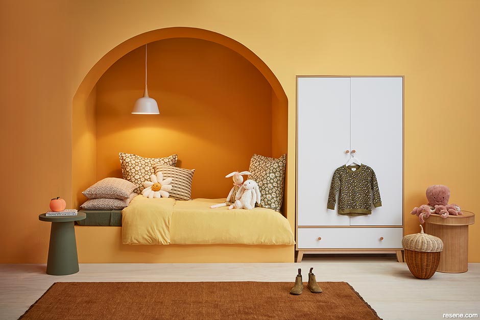 A cheerful sunny yellow bedroom