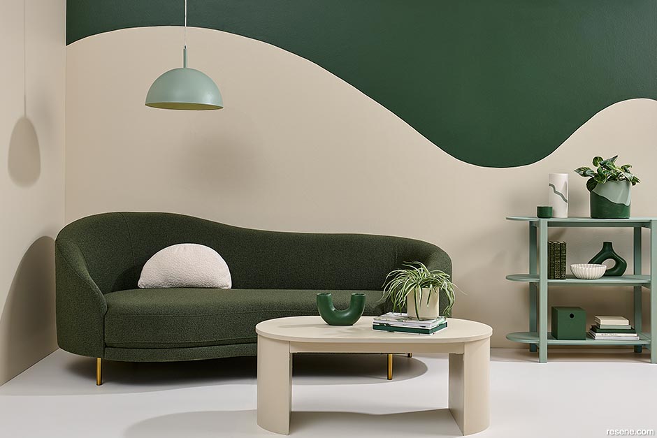 A lounge with painted freeform curves